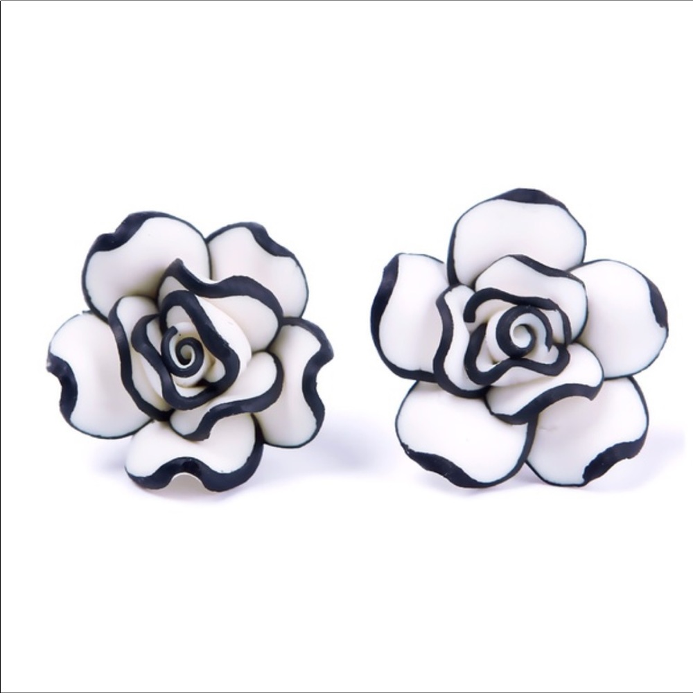 Feminine Black and White Flower Rose Stud Earrings